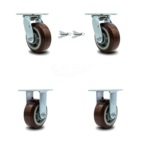 5 Inch Polyurethane Caster Set with Ball Bearings 2 Swivel Lock 2 Rigid SCC